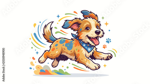 Schilderij op canvas A colorful happy puppy runs with dynamic motion lines and playful sparks around it