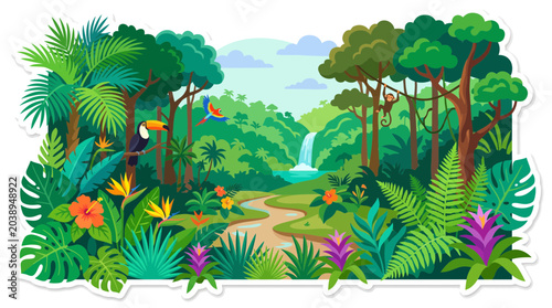 Schilderij op canvas Vibrant tropical forest landscape with lush greenery and colorful flowers and to