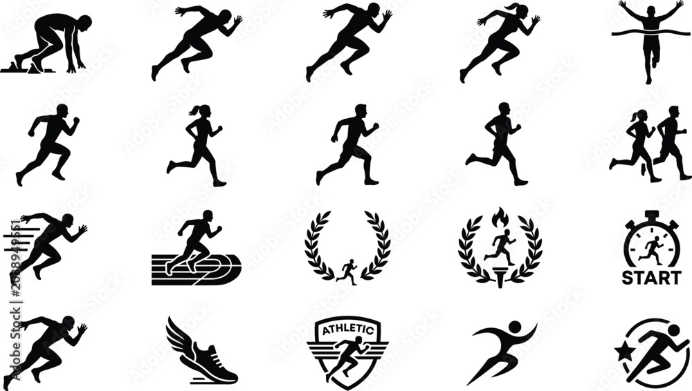 Fototapeta premium Black Silhouette Collection of Male and Female Runners Sprinting with Athletic Badge and Sport Icons Set