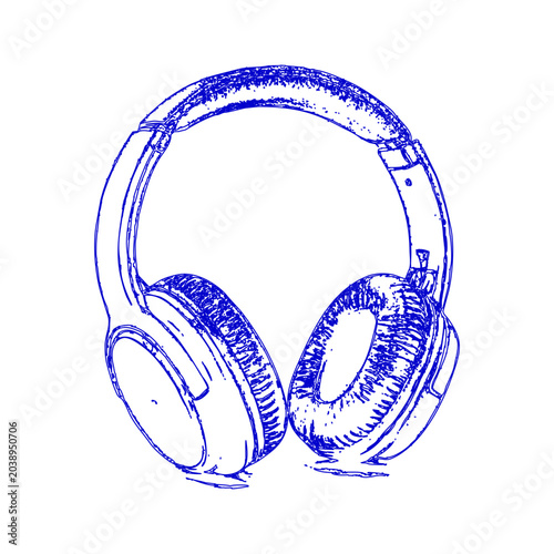 Wireless Headphones Line Art Vector Illustration with Blue Sketch Outline Style