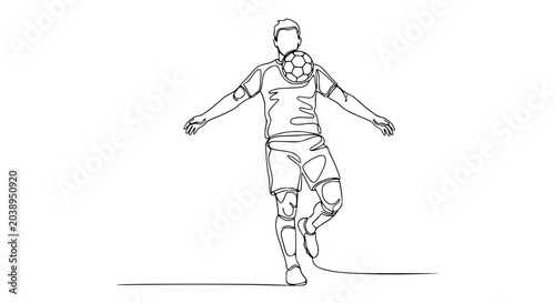 Continuous line drawing of a soccer player balancing a ball on his neck, isolated on white background.