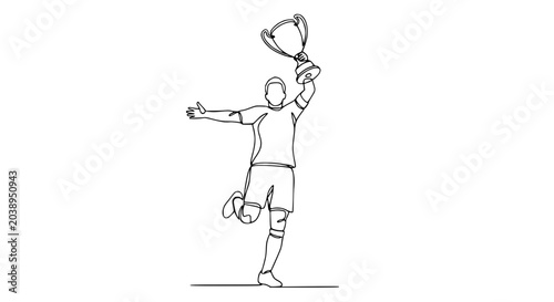 Slika na platnu Continuous line drawing of a male athlete holding a trophy aloft in celebration