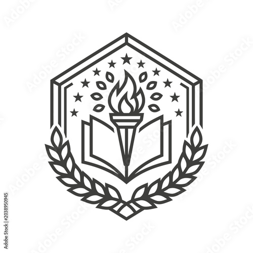 Hexagonal educational emblem with book torch and stars.