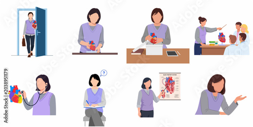 Photos Medical student and professor character set studying human heart anatomy and circulatory system in flat vector illustration style