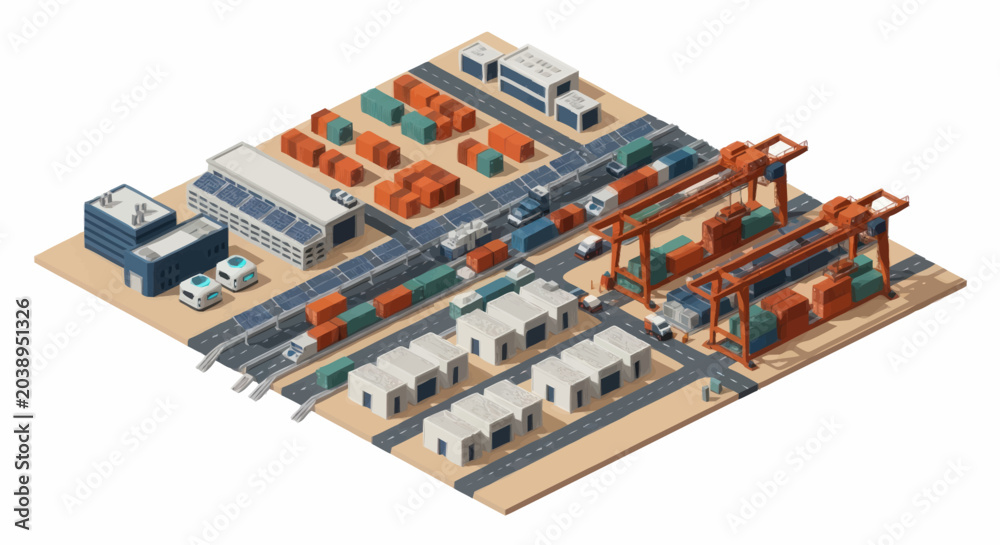 Obraz premium Isometric Industrial Port with Cranes and Containers.