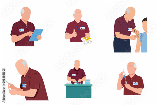 Foto Senior healthcare worker or volunteer performing vaccination duties, preparing syringes and assisting patients in a flat illustration style