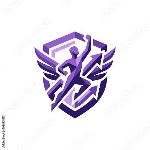 Purple winged figure soaring with upward arrows on shield.