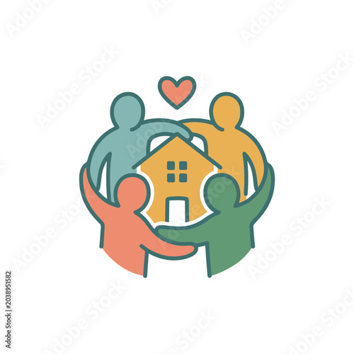 Community figures embracing a house icon with heart.