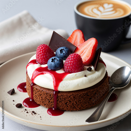 Gourmet Chocolate Berry Dessert with Whipped Cream, Red Sauce, and Coffee