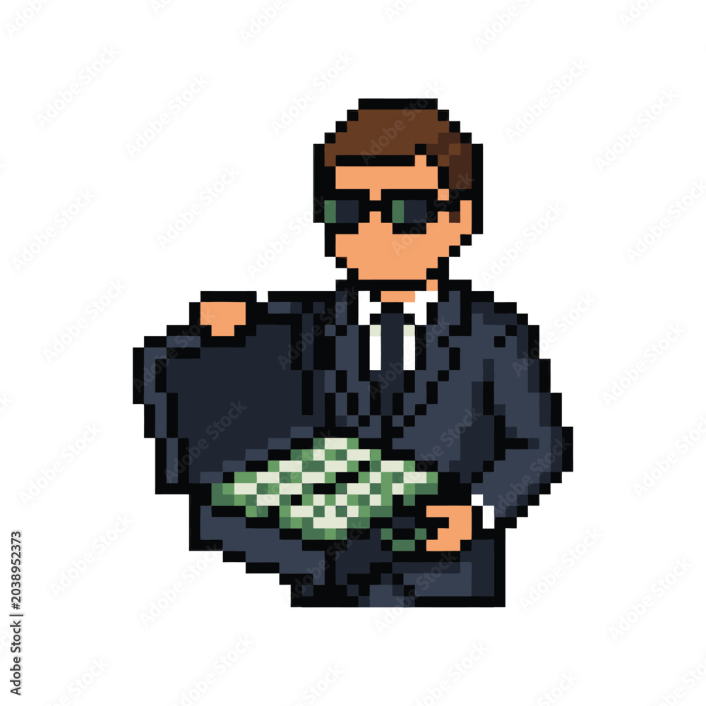 Fototapeta premium simple pixel art of a mysterious man in a suit opening a suitcase containing a pile of money