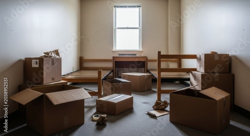 A cluttered room with cardboard boxes and disassembled furniture scattered around