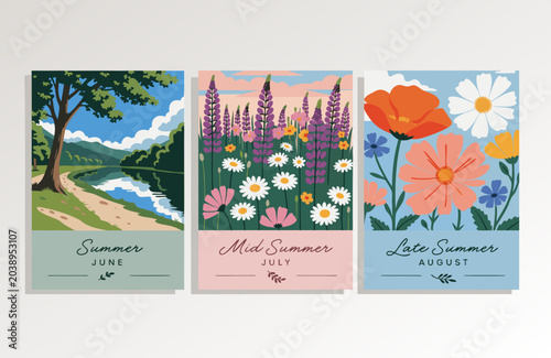 Summer scenes with blooming flowers in pastoral landscapes during warm weather
