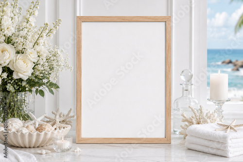 frame mockup and white wedding bouquet