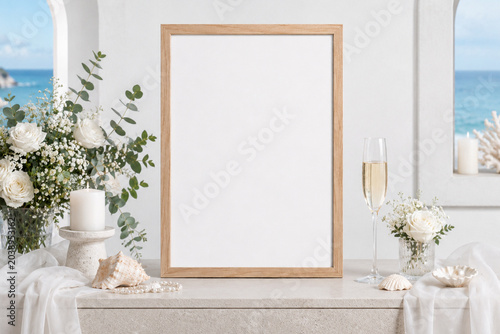 blank frame and wedding bouquet 