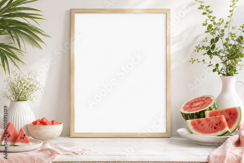 frame mockup interior and fresh fruit on the table