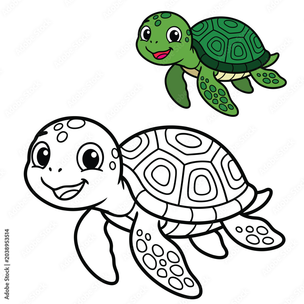 Fototapeta premium Smiling Sea Turtle Illustration: Color and Line Art