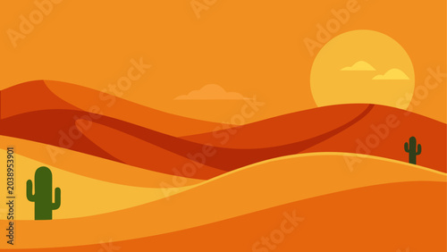 Foto Desert sunset with cacti and rolling sand dunes under golden sky