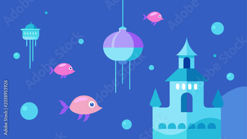 Konstfotografi Floating underwater bubble castles with glowing jellyfish lanterns and fish in d