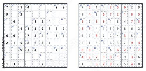 Tableau sur toile Killer Sudoku puzzle with answers displayed in red and blue, featuring a 9x9 gri