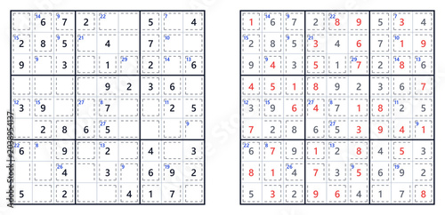 Принти на полотні Killer Sudoku puzzle with answers displayed in red and blue ink, featuring a 9x9