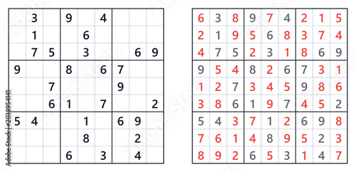 фотографія Classic Sudoku puzzle with hard level grid on the left and completed answers in