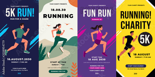 Diverse runners in vibrant posters for charity 5k fun runs promoting healthy lifestyle and community events