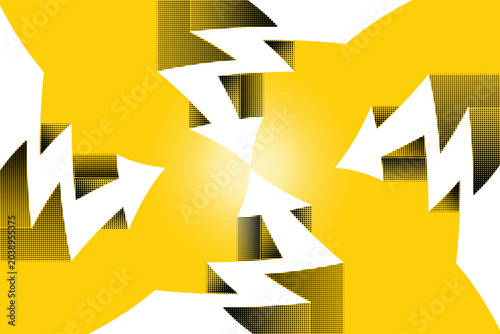 White directional arrows rise across geometric paths over yellow halftone texture. Financial momentum, competitive movement, strategic planning and business acceleration concept. Vector Illustration.