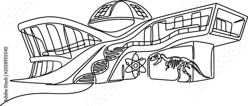 Modern Science Museum with DNA, Atom, and Dinosaur Exhibits
