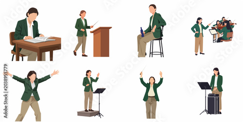 Foto Set of flat vector illustrations featuring a female orchestra conductor in various professional poses, reading music, leading musicians, and conducting with a baton
