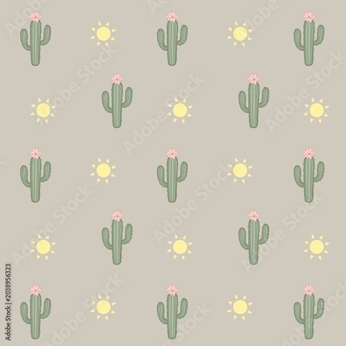 Cute Cactus and Sun Seamless Pattern on green Pastel Background