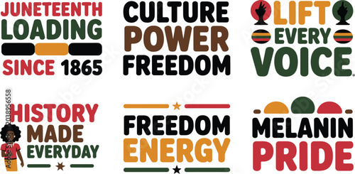 Cuadro en lienzo A collection of six colorful Juneteenth typography designs featuring empowering slogans and symbols