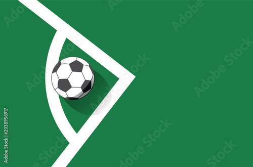 Corner of football field. Football ball in the corner area. Soccer ball. Football background. Sports ball on football field.