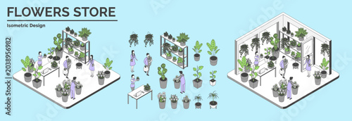 Cartoon Color Flowers Store with Separate Set Interior Inside Shop Concept 3d Isometric View Line Elements. Vector illustration