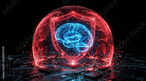 AI security protection concept with digital brain and shield