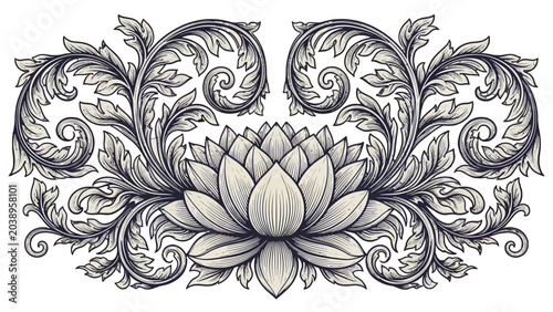 Intricate floral ornament featuring a central lotus flower surrounded by ornate acanthus leaves and swirling filigree in a monochromatic, vintage style.