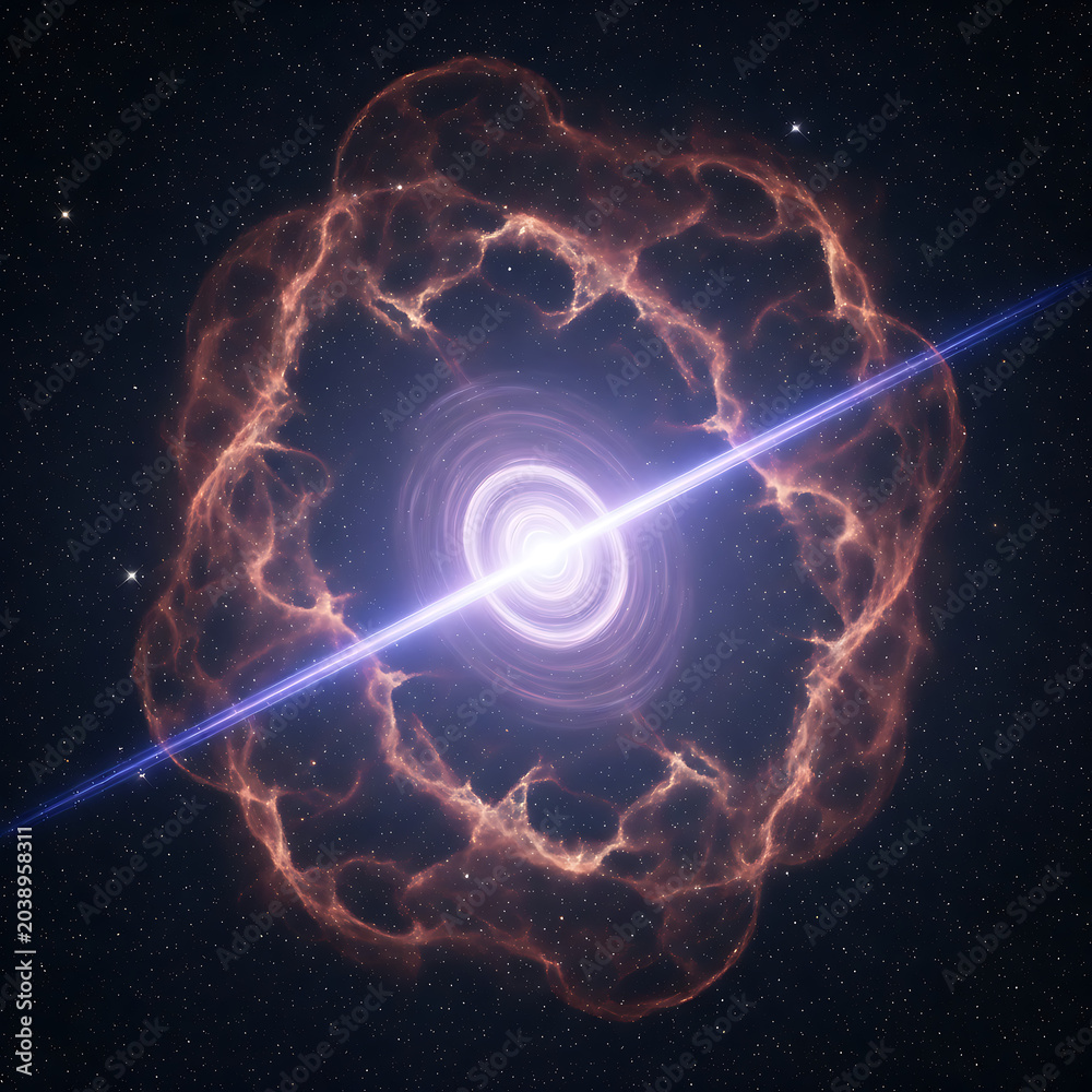 Obraz premium Powerful Pulsar Emitting Bright Energy Beam Through Supernova Remnant Nebula