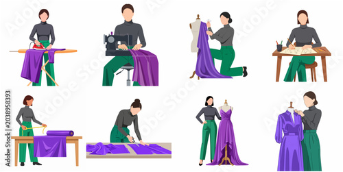 Quadro su tela Fashion designer and tailor character set, woman seamstress working in atelier,