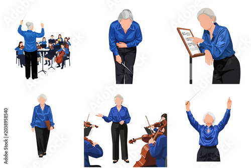 Foto Set of Vector Illustrations of a Senior Female Orchestra Conductor in Various Pr