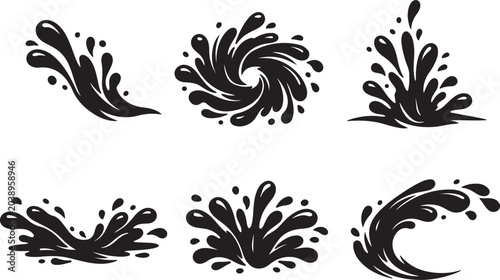 Set of black ink splash and splatter elements dynamic liquid bursts and drops for abstract design isolated on white background
