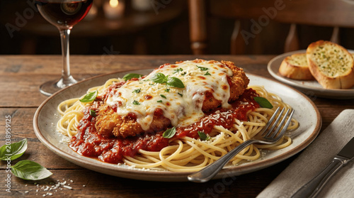 A plate holds chicken parmesan atop spaghetti, covered with tomato sauce and cheese