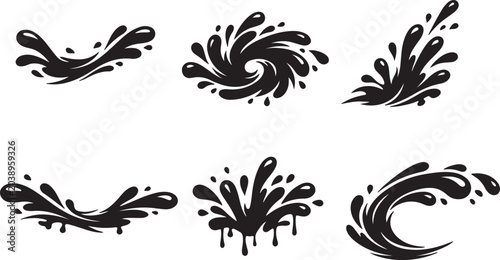 Set of black liquid splash elements abstract fluid shapes for dynamic design and motion graphics isolated on white background
