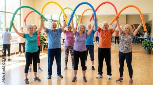 Happy seniors exercising with colorful foam noodles during a fitness class in a community center, active aging.