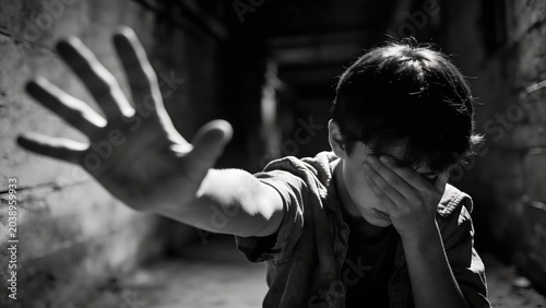 A close up black and white portrait of a poor dirty boy in torn clothes reaching his hand out for help inside a dark abandoned industrial factory environment