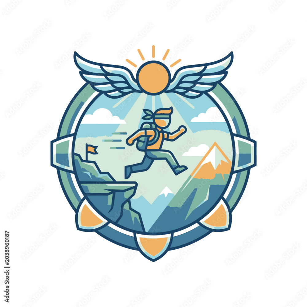 Fototapeta premium Outdoor adventure patch design with hiking person and mountains.