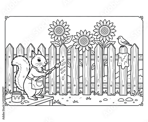 Schilderij op canvas Squirrel artist painting wooden garden fence with sunflowers and bird coloring page vector
