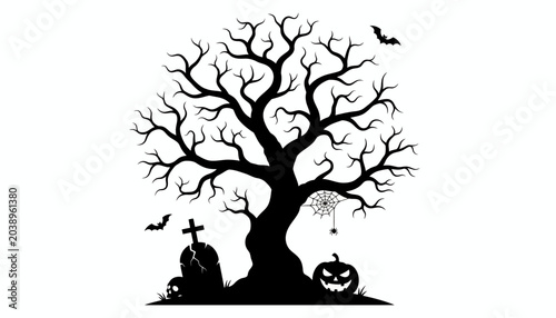 Photos Halloween tree with spooky decorations, black silhouette, holiday background