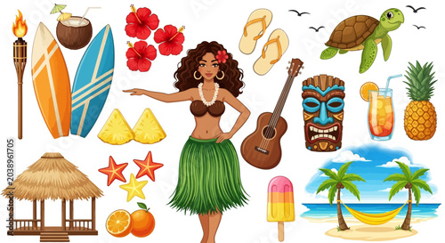Foto Hawaiian woman in traditional dance costume, tropical icons and symbols, summer
