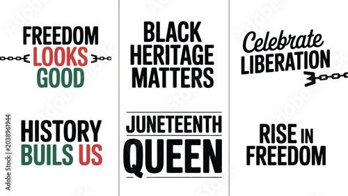 Photos Graphic Collection Featuring Inspirational Juneteenth Text Designs with Broken Chains and Typography