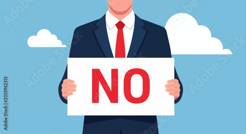 Foto Businessman holding no sign, refusal concept, flat illustration