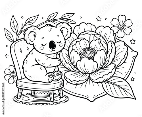Photography Cute sleeping koala on chair with big flower and leaves outline illustration